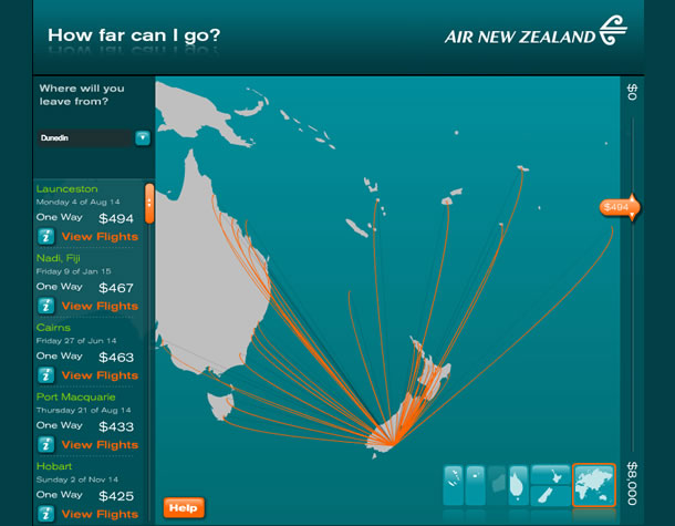 How far can I go? A map lists where a user can travel via airplane based on the dollar amount chosen