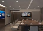 Conference room with many different sized audio-visual devices.