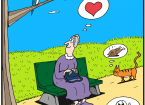 Cartoon showing a lady sitting on a bench and enjoying a bird's song; cat thinking of the bird as food; and worm thinking of the bird as danger.