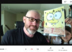 Screenshot of a video software showing the author and his child displaying her hand-colored art of Sponge Bob.